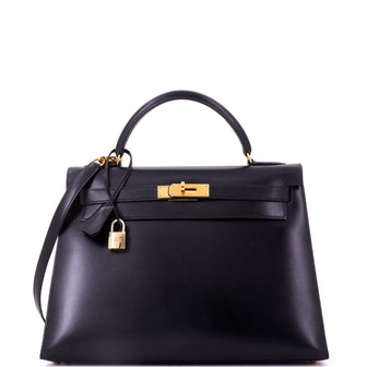 Hermes Kelly Handbag Black Box Calf with Gold Hardware 32