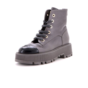 Chanel Women's CC Cap Toe Lace Up Combat Boots Leather