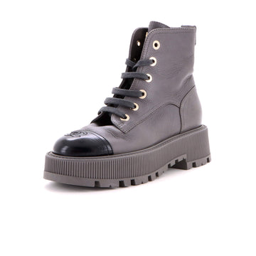 Chanel Women's CC Cap Toe Lace Up Combat Boots Leather