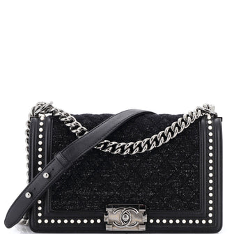 Chanel Boy Flap Bag Quilted Tweed with Pearl Embellished Calfskin Old Medium