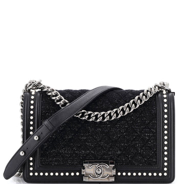 Chanel Boy Flap Bag Quilted Tweed with Pearl Embellished Calfskin Old Medium