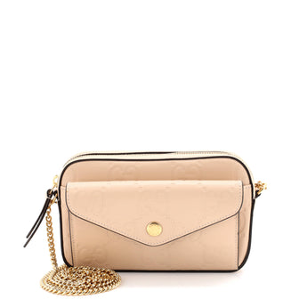 Gucci Front Pocket Chain Shoulder Bag Jumbo GG Embossed Leather Super Mini