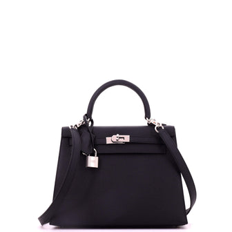 Hermes Kelly Handbag Black Epsom with Palladium Hardware 25
