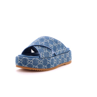 Gucci Women's Criss Cross Platform Slide Sandals GG Denim