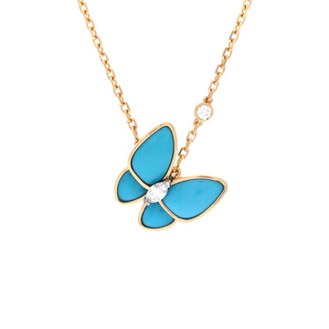 Van Cleef & Arpels Two Butterfly Pendant Necklace 18K Yellow Gold with Turquoise and Diamonds