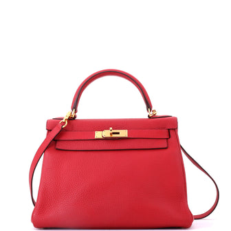 Hermes Kelly Handbag Red Clemence with Gold Hardware 28