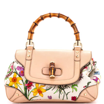 Gucci Bamboo Top Handle Flap Bag Flora Canvas Medium