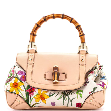 Gucci Bamboo Top Handle Flap Bag Flora Canvas Medium