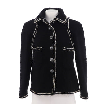 Chanel Women's Two Pocket Trim Detail Collared Button Up Jacket Tweed