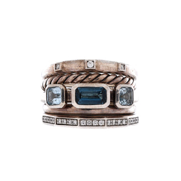 David Yurman Stax Five Row Ring Sterling Silver with Blue Topaz and Diamonds