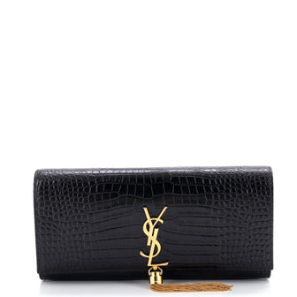 Saint Laurent Classic Monogram Tassel Clutch Crocodile Embossed Leather Long
