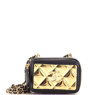 Chanel Golden Plate Zip Around Vanity Case with Chain Quilted Metal and Lambskin Extra Mini
