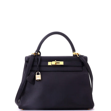 Hermes Kelly Handbag Black Clemence with Gold Hardware 28