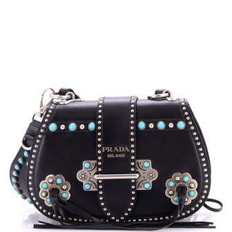Prada Folk Saddle Shoulder Bag Embellished Leather with Fringe Medium