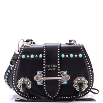 Prada Folk Saddle Shoulder Bag Embellished Leather with Fringe Medium