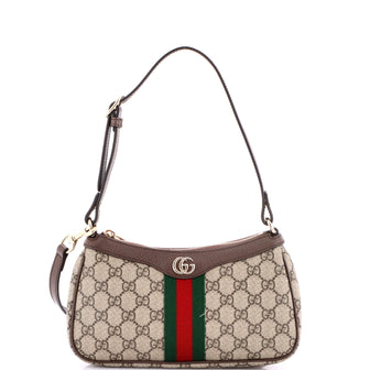 Gucci Ophidia Web Zip Pochette Shoulder Bag GG Coated Canvas with Leather Small