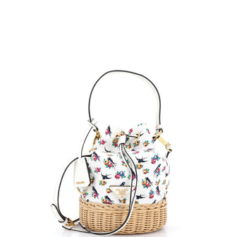 Prada Drawstring Bucket Bag Printed Canvas and Wicker Small