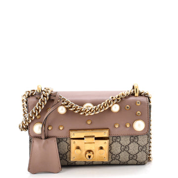 Gucci Pearly Padlock Shoulder Bag GG Coated Canvas with Studded Leather Small