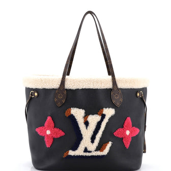 Louis Vuitton Neverfull NM Tote Leather and Monogram Teddy Shearling MM