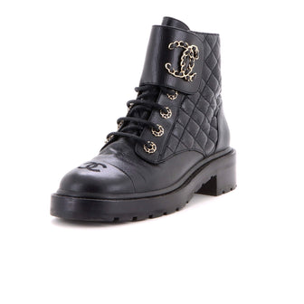 Chanel Women's Chain CC Cap Toe Lace Up Combat Boots Quilted Shiny Calfskin