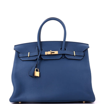 Hermes Birkin Handbag Blue Clemence with Gold Hardware 35