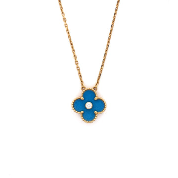 Van Cleef & Arpels Vintage Alhambra Pendant Necklace 18K Yellow Gold and Blue Sevres Porcelain with Diamond