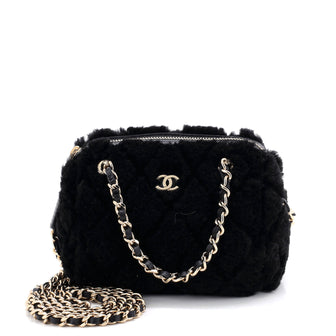Chanel CC Double Chain Zip Clutch with Chain Quilted Shearling Mini