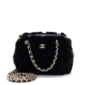Chanel CC Double Chain Zip Clutch with Chain Quilted Shearling Mini