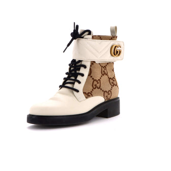 Gucci Women's GG Marmont Lace Up Ankle Boots Jumbo GG Canvas and Leather