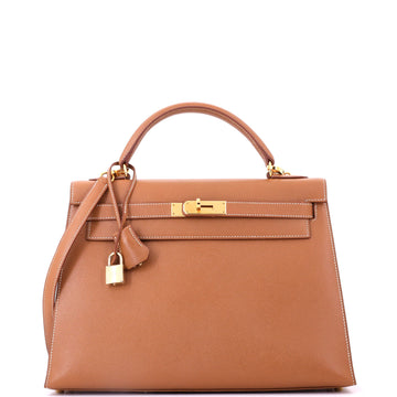 Hermes Kelly Handbag Brown Courchevel with Gold Hardware 32