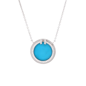 Tiffany & Co. T Circle Pendant Necklace 18K White Gold with Turquoise and Diamonds Large