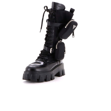 Prada Women's Monolith Lace-Up Knee High Boots Leather with Nylon