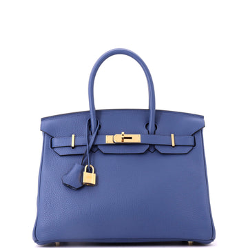 Hermes Birkin Handbag Blue Clemence with Gold Hardware 30