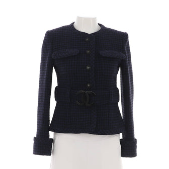 Chanel Women's CC Belted Collarless Jacket Houndstooth Tweed