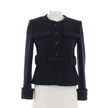 Chanel Women's CC Belted Collarless Jacket Houndstooth Tweed