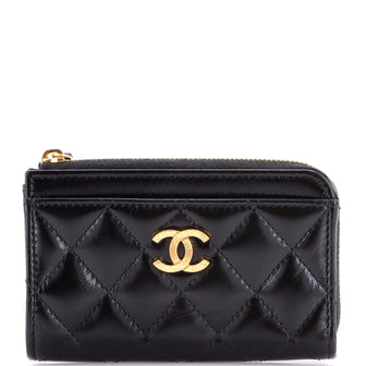 Chanel Textured CC Zip Around Card Holder Quilted Lambskin