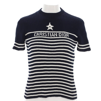 Christian Dior Women's Logo Striped Short Sleeve Crewneck Sweater Cotton