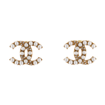 Chanel CC Stud Earrings Faux Pearls and Crystal Embellished Metal