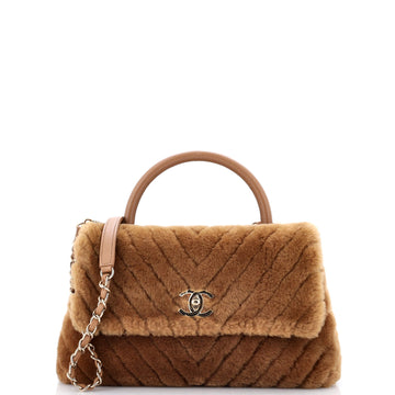 Chanel Coco Top Handle Bag Chevron Shearling Medium