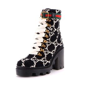 Gucci Women's Heeled Lace Up Combat Ankle Boots GG Tweed