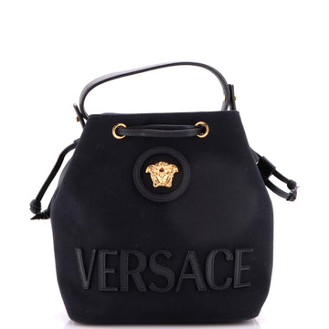 Versace La Medusa Drawstring Bucket Bag Canvas with Leather Small