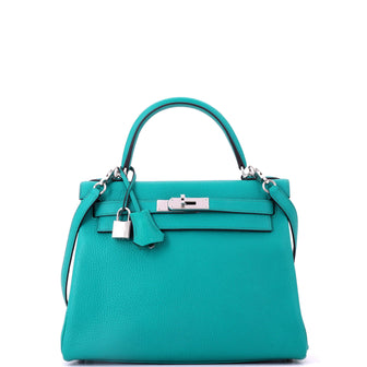 Hermes Kelly Handbag Blue Clemence with Palladium Hardware 28