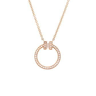 Tiffany & Co. T Circle Pendant Necklace 18K Rose Gold with Diamonds and Center Baguette Diamond Small