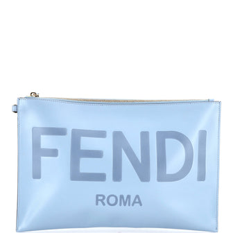 Fendi Logo Flat Wristlet Pouch Embossed Leather Large