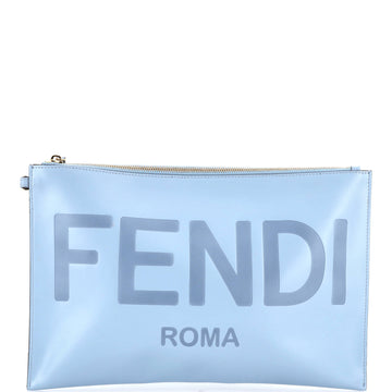 Fendi Logo Flat Wristlet Pouch Embossed Leather Large