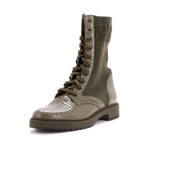 Fendi Women's Rockoko Combat Boots Crocodile Embossed Leather with Knit Stretch Fabric and Zucca Trim