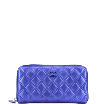 Chanel Double Stitch Zip Around Wallet Quilted Metallic Lambskin Long