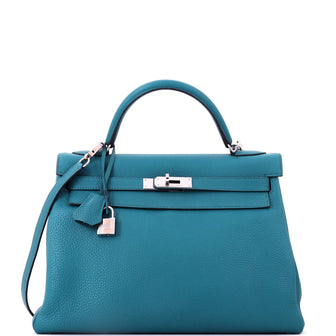 Hermes Kelly Handbag Blue Togo with Palladium Hardware 32