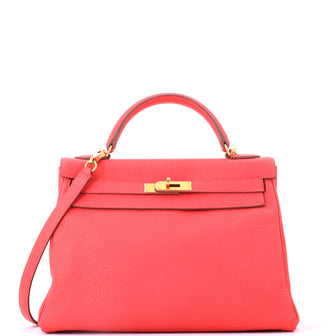 Hermes Kelly Handbag Pink Clemence with Gold Hardware 32