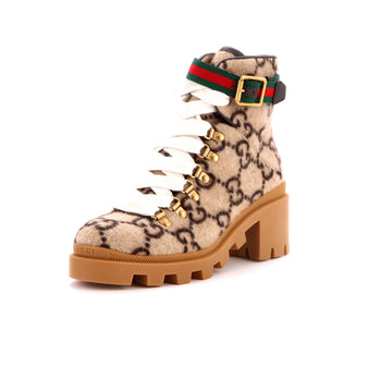 Gucci Women's Heeled Lace Up Combat Ankle Boots GG Wool
